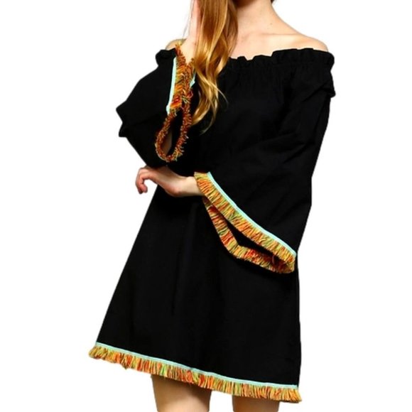 Boho Off Shoulder Fringe Trimmed Gypsy Dress NEW - Picture 2 of 5